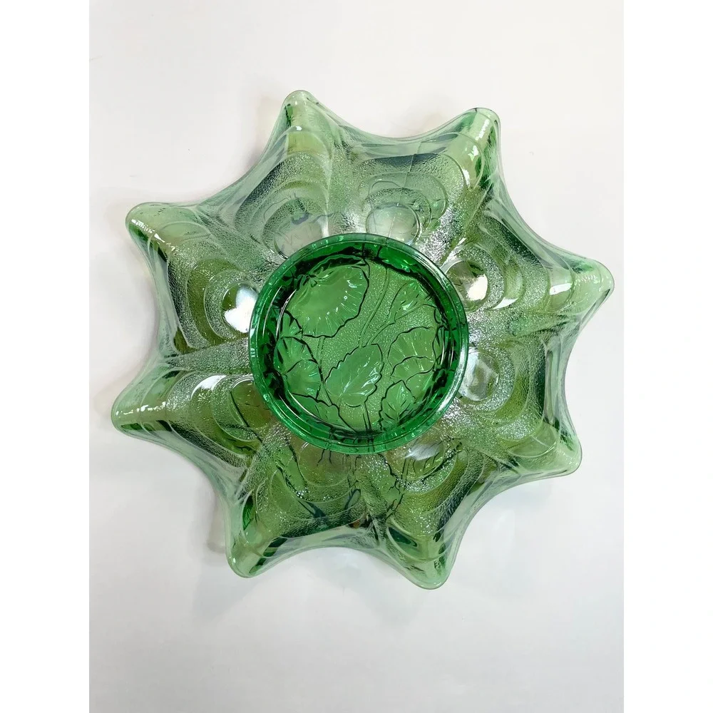 Vtg Imperial Carnival Glass Green Iridescent Pansy Ruffle Bowl Retro